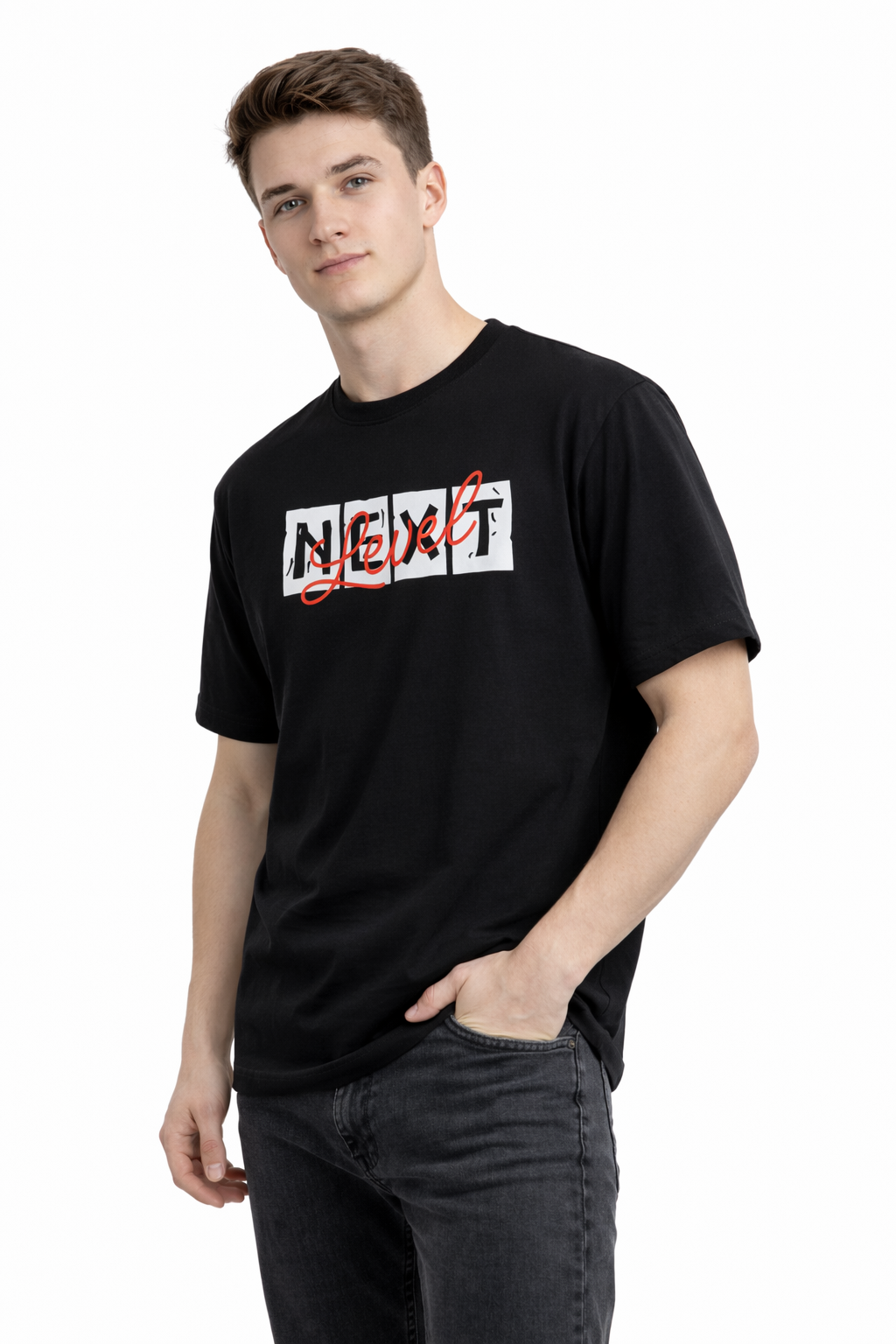 Rarelays Level Up Premium Graphic Printed Black T-Shirt for Men | Stylish Casual Cotton Round Neck Streetwear Tee