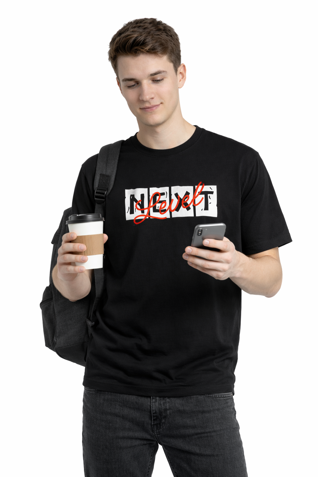 Rarelays Level Up Premium Graphic Printed Black T-Shirt for Men | Stylish Casual Cotton Round Neck Streetwear Tee